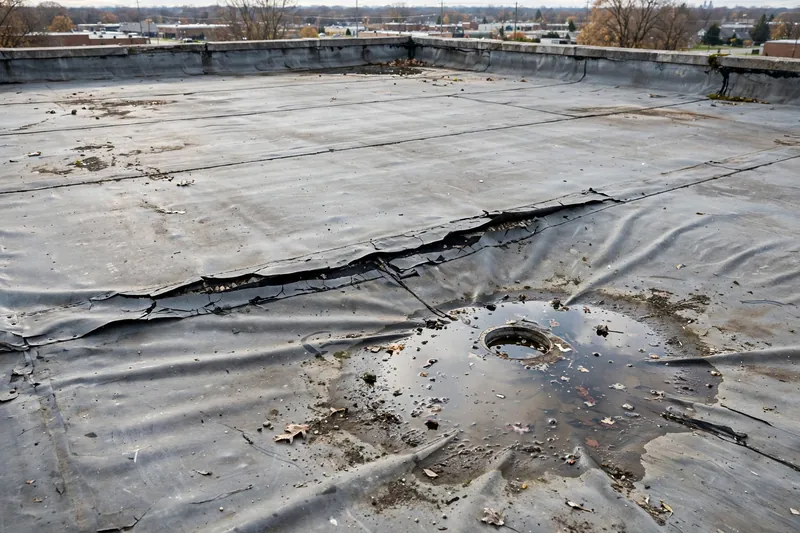 Flat Roof Repair before repair — roof damage in Dearborn, MI